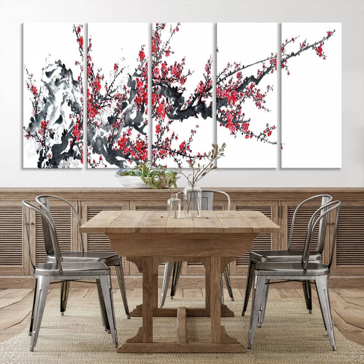 The "Beautiful Cherry Blossom Canvas Print Wall Art" showcases vibrant red cherry blossoms on a monochrome background, featuring museum-quality canvases and a gallery-wrapped finish.