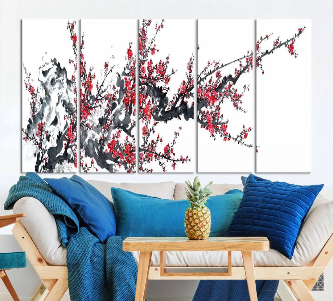 The "Beautiful Cherry Blossom Canvas Print Wall Art" showcases vibrant red cherry blossoms on a monochrome background, featuring museum-quality canvases and a gallery-wrapped finish.