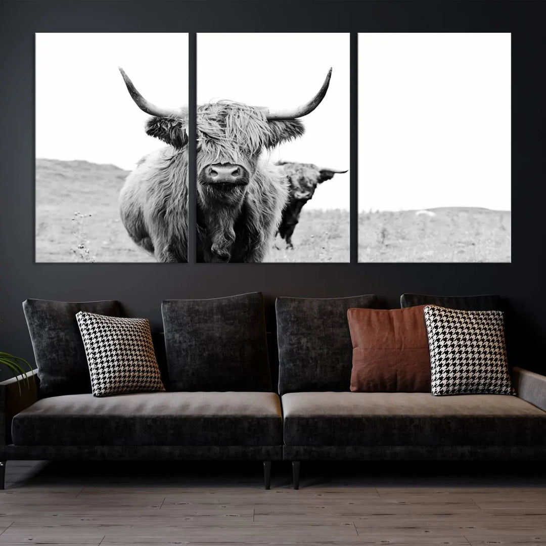 The Beautiful Highland Cow Canvas Wall Art elegantly enhances the space. This black and white triptych on museum-quality canvas is ready to hang and features a UV-protective coating, guaranteeing long-lasting beauty for your home.