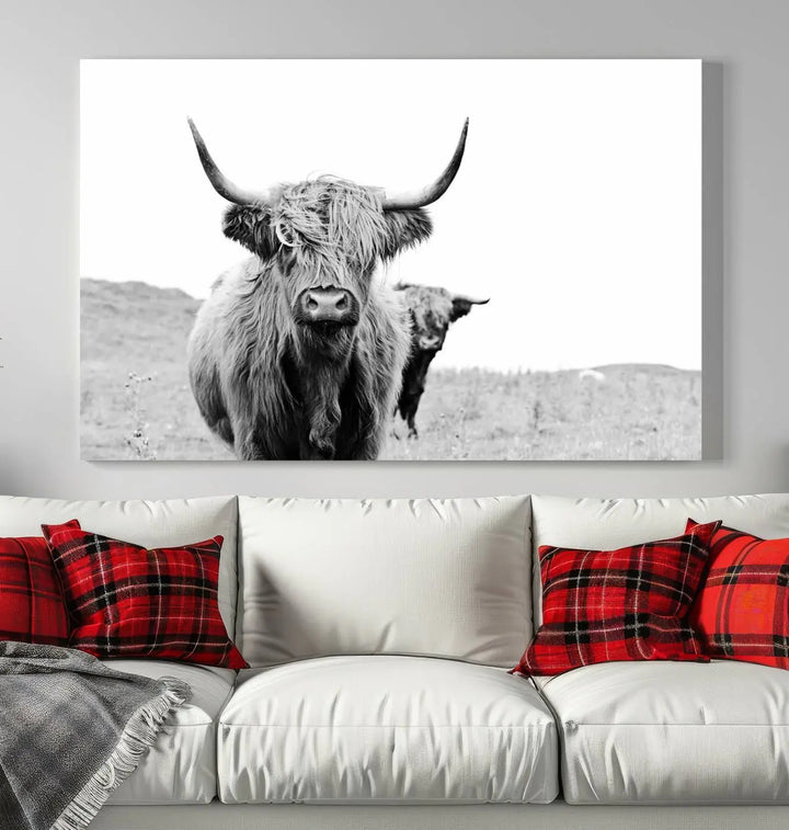 The Beautiful Highland Cow Canvas Wall Art elegantly enhances the space. This black and white triptych on museum-quality canvas is ready to hang and features a UV-protective coating, guaranteeing long-lasting beauty for your home.