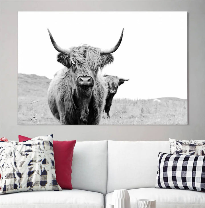 The Beautiful Highland Cow Canvas Wall Art elegantly enhances the space. This black and white triptych on museum-quality canvas is ready to hang and features a UV-protective coating, guaranteeing long-lasting beauty for your home.