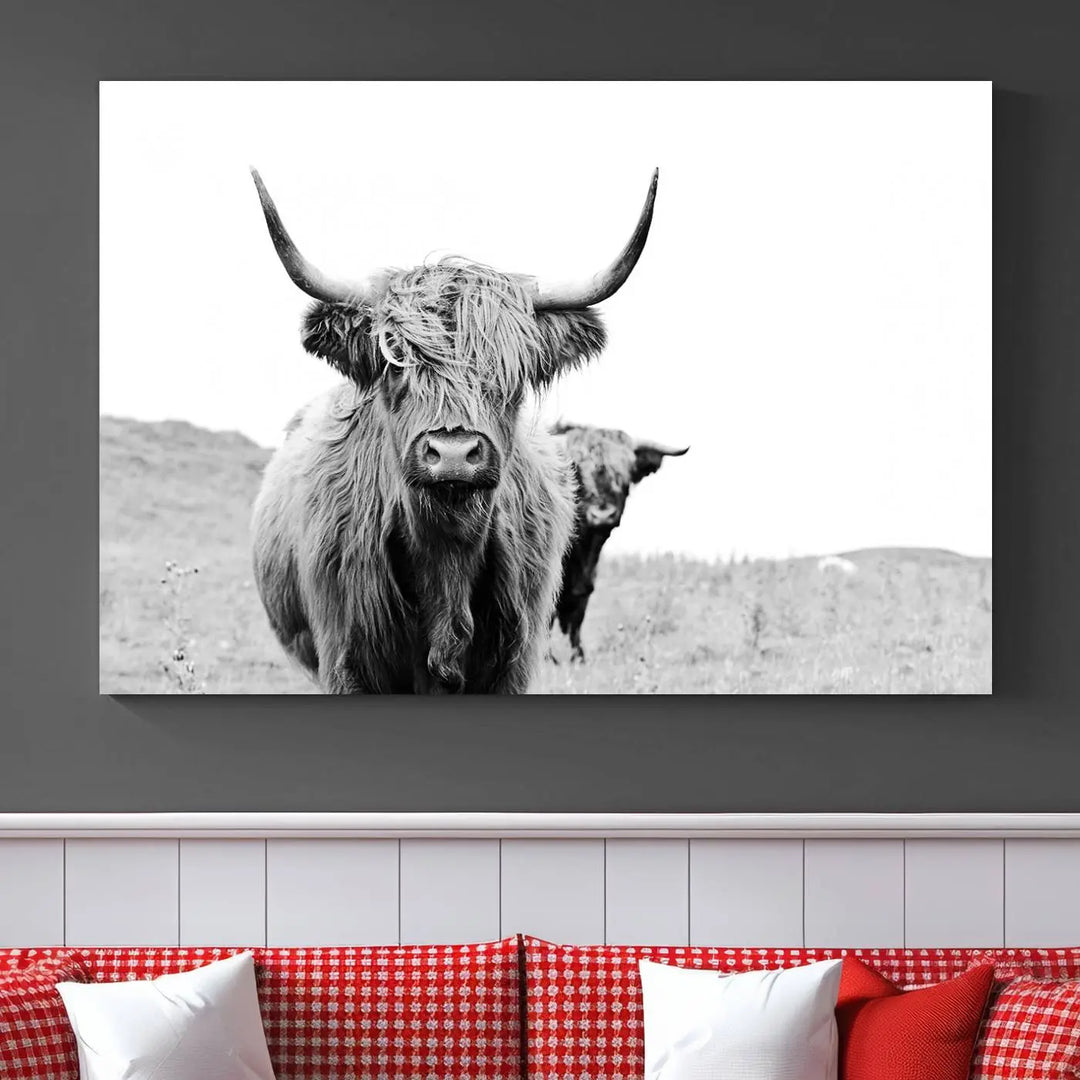 The Beautiful Highland Cow Canvas Wall Art elegantly enhances the space. This black and white triptych on museum-quality canvas is ready to hang and features a UV-protective coating, guaranteeing long-lasting beauty for your home.