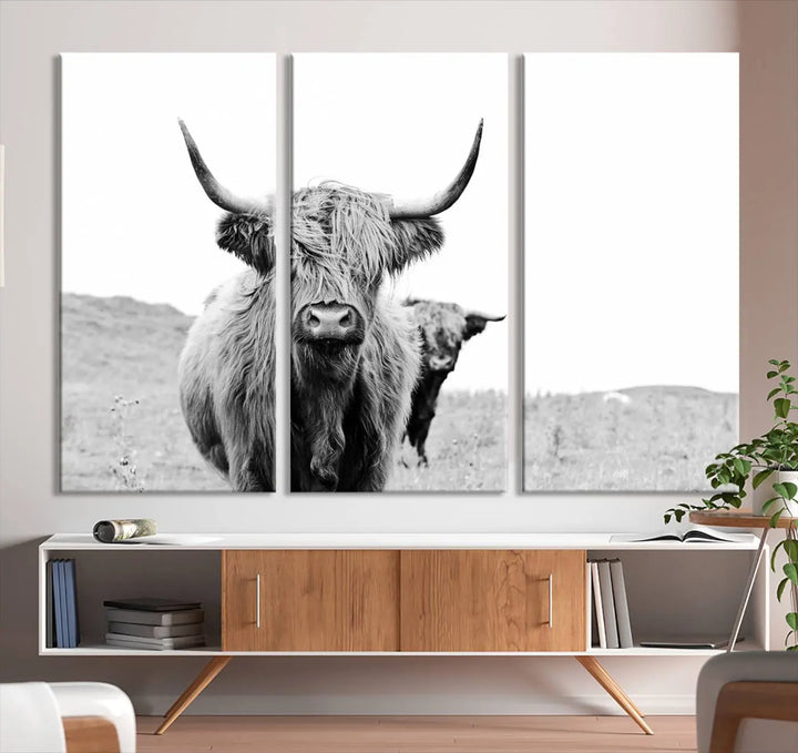 The Beautiful Highland Cow Canvas Wall Art elegantly enhances the space. This black and white triptych on museum-quality canvas is ready to hang and features a UV-protective coating, guaranteeing long-lasting beauty for your home.