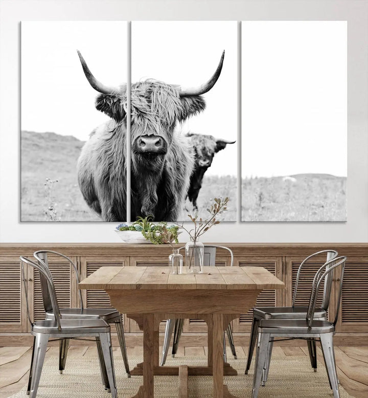 The Beautiful Highland Cow Canvas Wall Art elegantly enhances the space. This black and white triptych on museum-quality canvas is ready to hang and features a UV-protective coating, guaranteeing long-lasting beauty for your home.