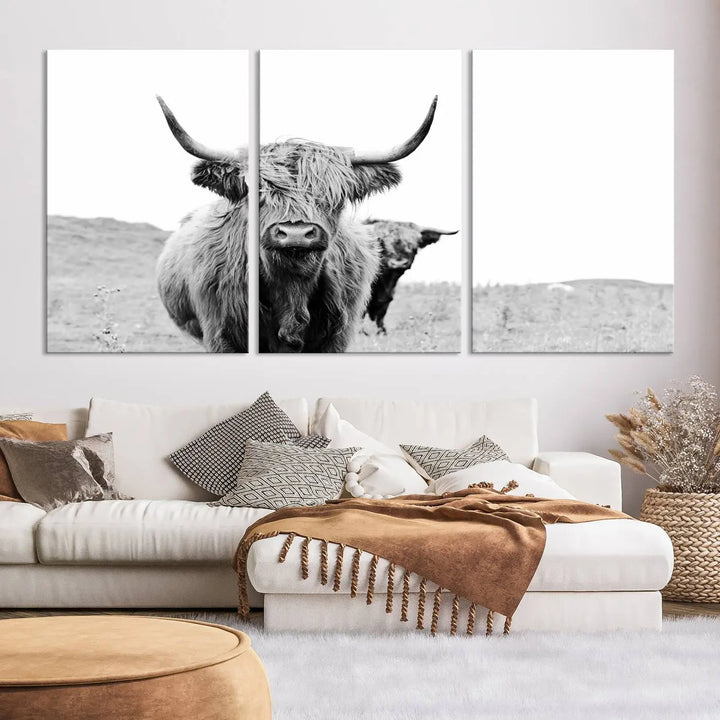 The Beautiful Highland Cow Canvas Wall Art elegantly enhances the space. This black and white triptych on museum-quality canvas is ready to hang and features a UV-protective coating, guaranteeing long-lasting beauty for your home.