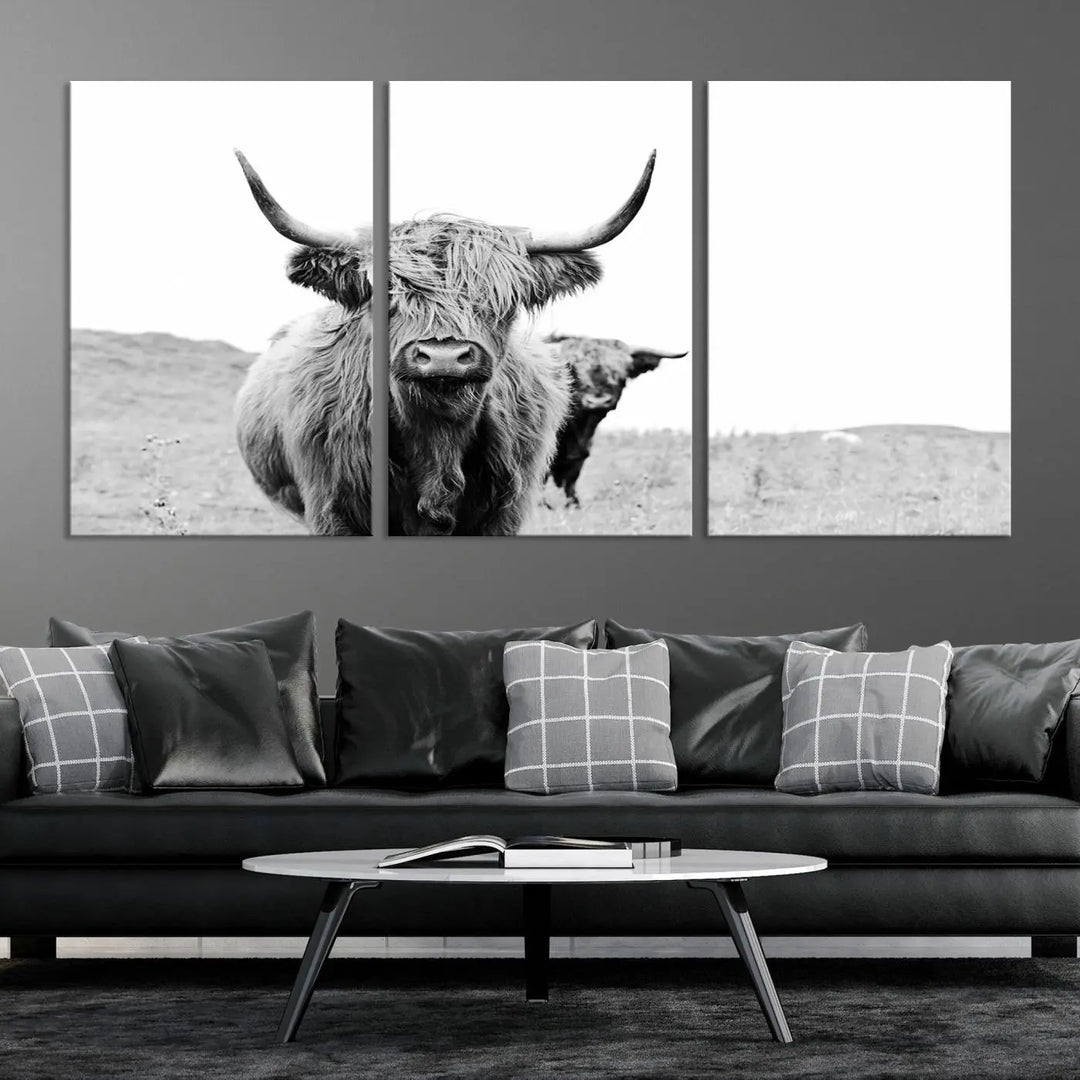 The Beautiful Highland Cow Canvas Wall Art elegantly enhances the space. This black and white triptych on museum-quality canvas is ready to hang and features a UV-protective coating, guaranteeing long-lasting beauty for your home.