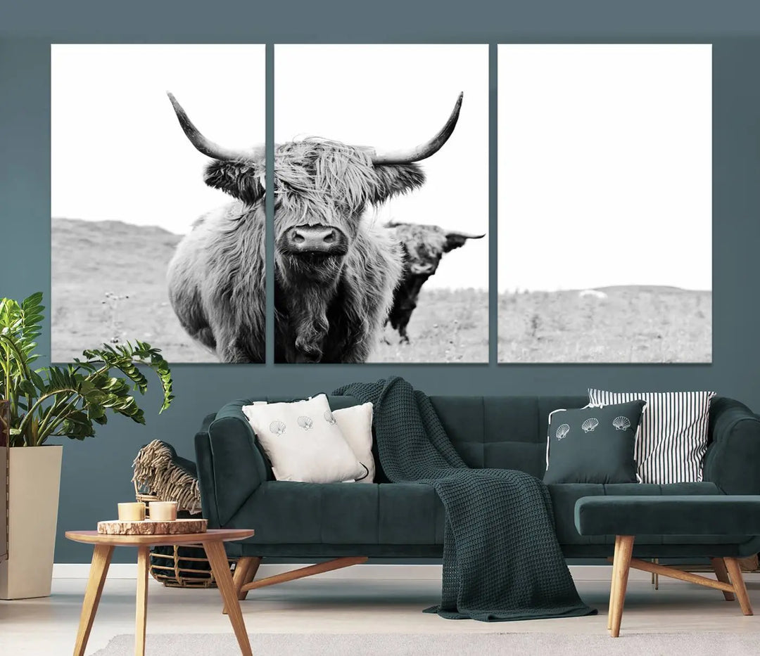 The Beautiful Highland Cow Canvas Wall Art elegantly enhances the space. This black and white triptych on museum-quality canvas is ready to hang and features a UV-protective coating, guaranteeing long-lasting beauty for your home.