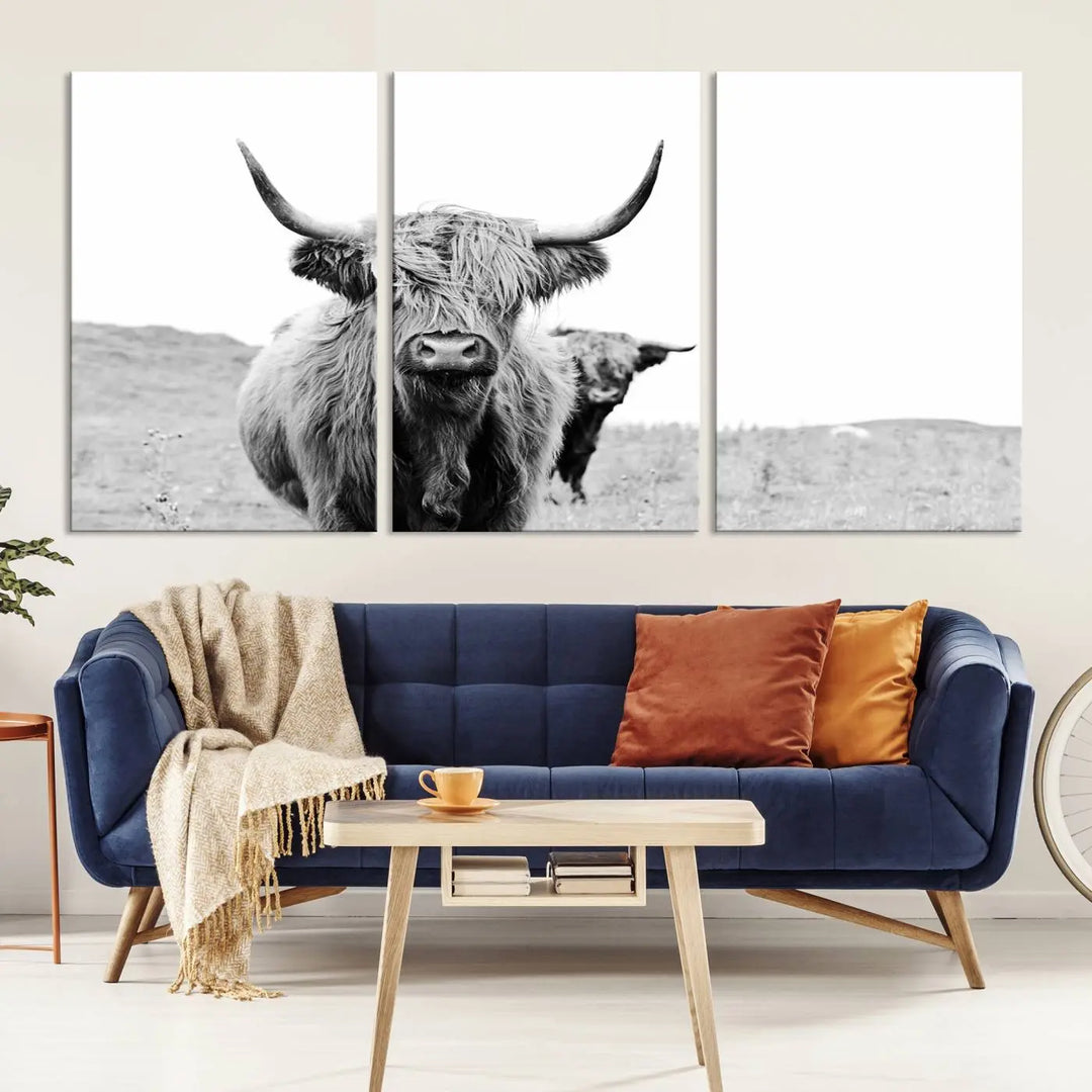 The Beautiful Highland Cow Canvas Wall Art elegantly enhances the space. This black and white triptych on museum-quality canvas is ready to hang and features a UV-protective coating, guaranteeing long-lasting beauty for your home.