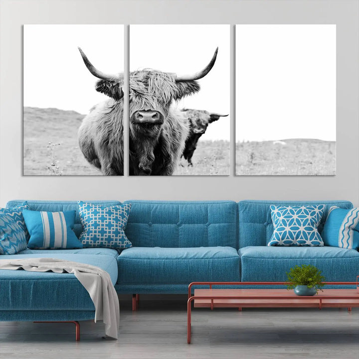 The Beautiful Highland Cow Canvas Wall Art elegantly enhances the space. This black and white triptych on museum-quality canvas is ready to hang and features a UV-protective coating, guaranteeing long-lasting beauty for your home.