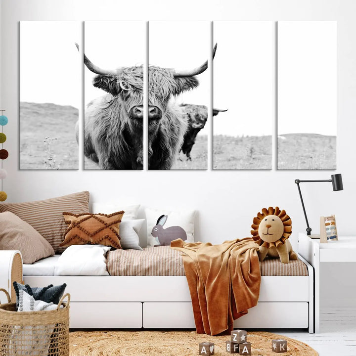 The Beautiful Highland Cow Canvas Wall Art elegantly enhances the space. This black and white triptych on museum-quality canvas is ready to hang and features a UV-protective coating, guaranteeing long-lasting beauty for your home.