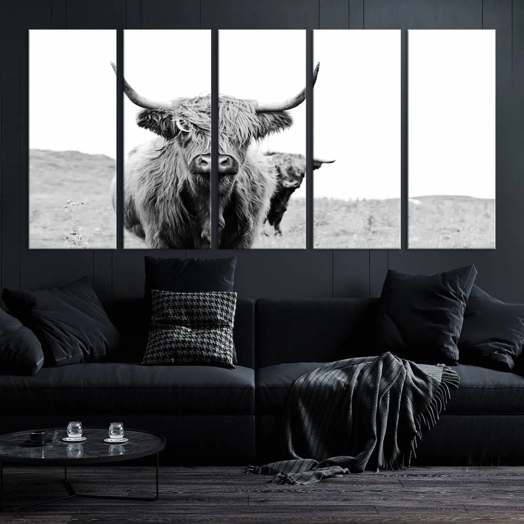 The Beautiful Highland Cow Canvas Wall Art elegantly enhances the space. This black and white triptych on museum-quality canvas is ready to hang and features a UV-protective coating, guaranteeing long-lasting beauty for your home.