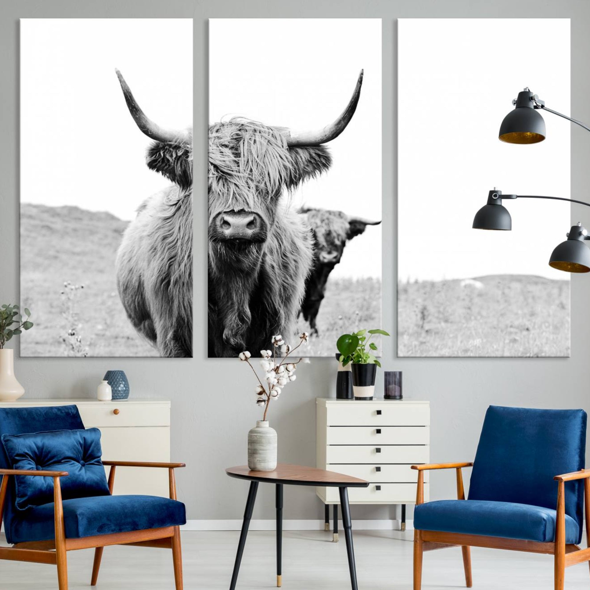 57411-MGV-CV-36X24-Beautiful Highland Cow Canvas Wall Art, Framed Highland Cow Canvas Decor