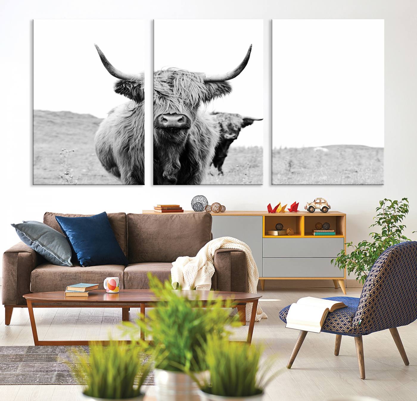 57411-MGV-CV-36X24-Beautiful Highland Cow Canvas Wall Art, Framed Highland Cow Canvas Decor