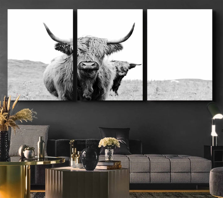 Beautiful Highland Cow Canvas Wall Art, Framed Highland Cow Canvas Decor