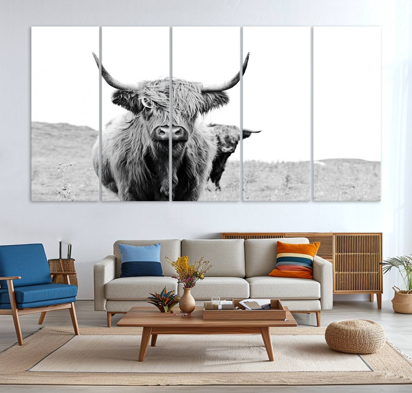 57411-MGV-CV-36X24-Beautiful Highland Cow Canvas Wall Art, Framed Highland Cow Canvas Decor
