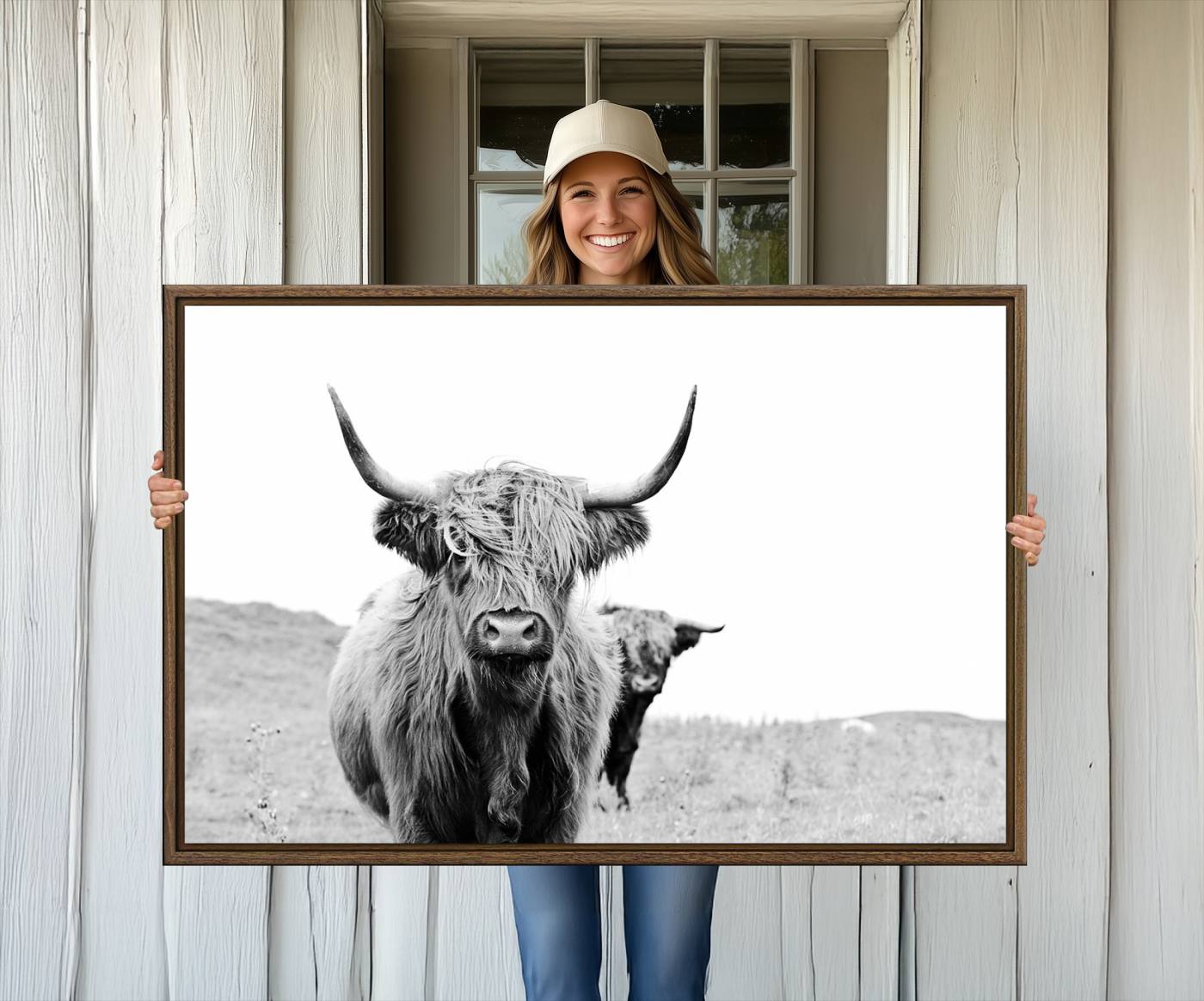 57411-MGV-CV-36X24-Beautiful Highland Cow Canvas Wall Art, Framed Highland Cow Canvas Decor