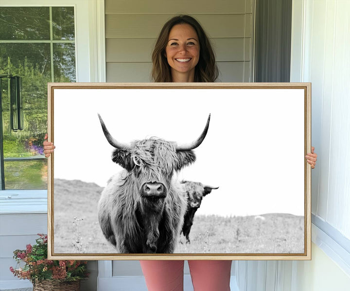 57411-MGV-CV-36X24-Beautiful Highland Cow Canvas Wall Art, Framed Highland Cow Canvas Decor