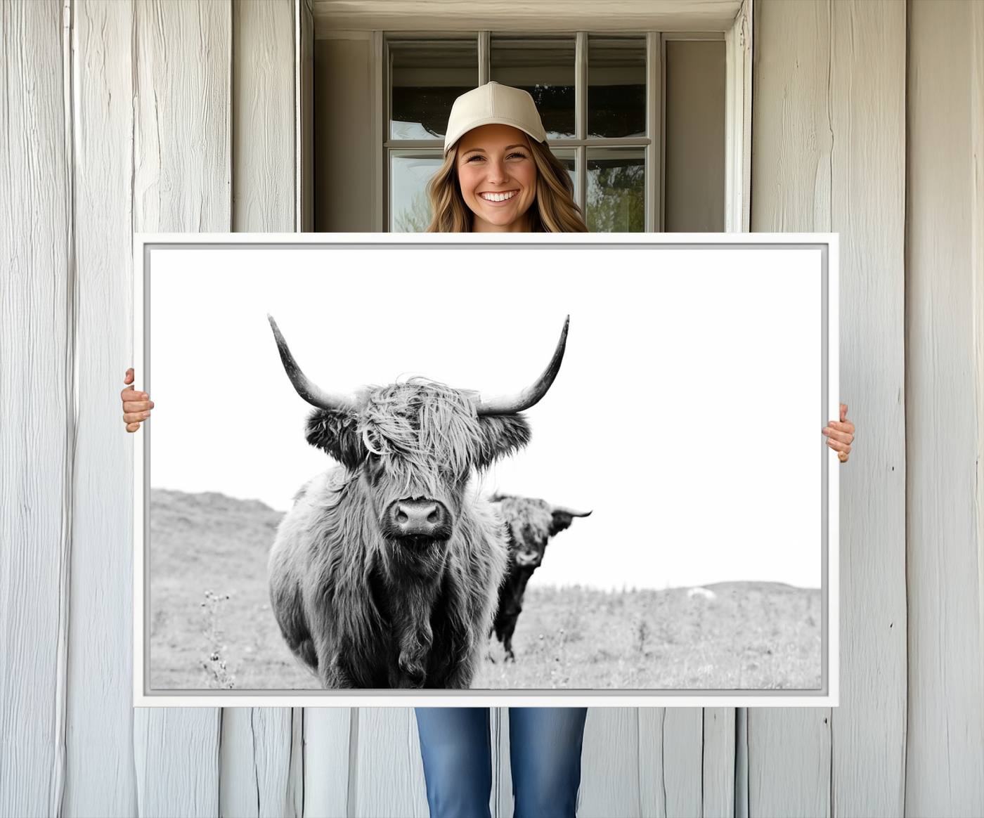 57411-MGV-CV-36X24-Beautiful Highland Cow Canvas Wall Art, Framed Highland Cow Canvas Decor