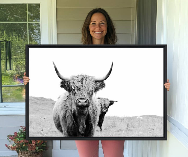 57411-MGV-CV-36X24-Beautiful Highland Cow Canvas Wall Art, Framed Highland Cow Canvas Decor