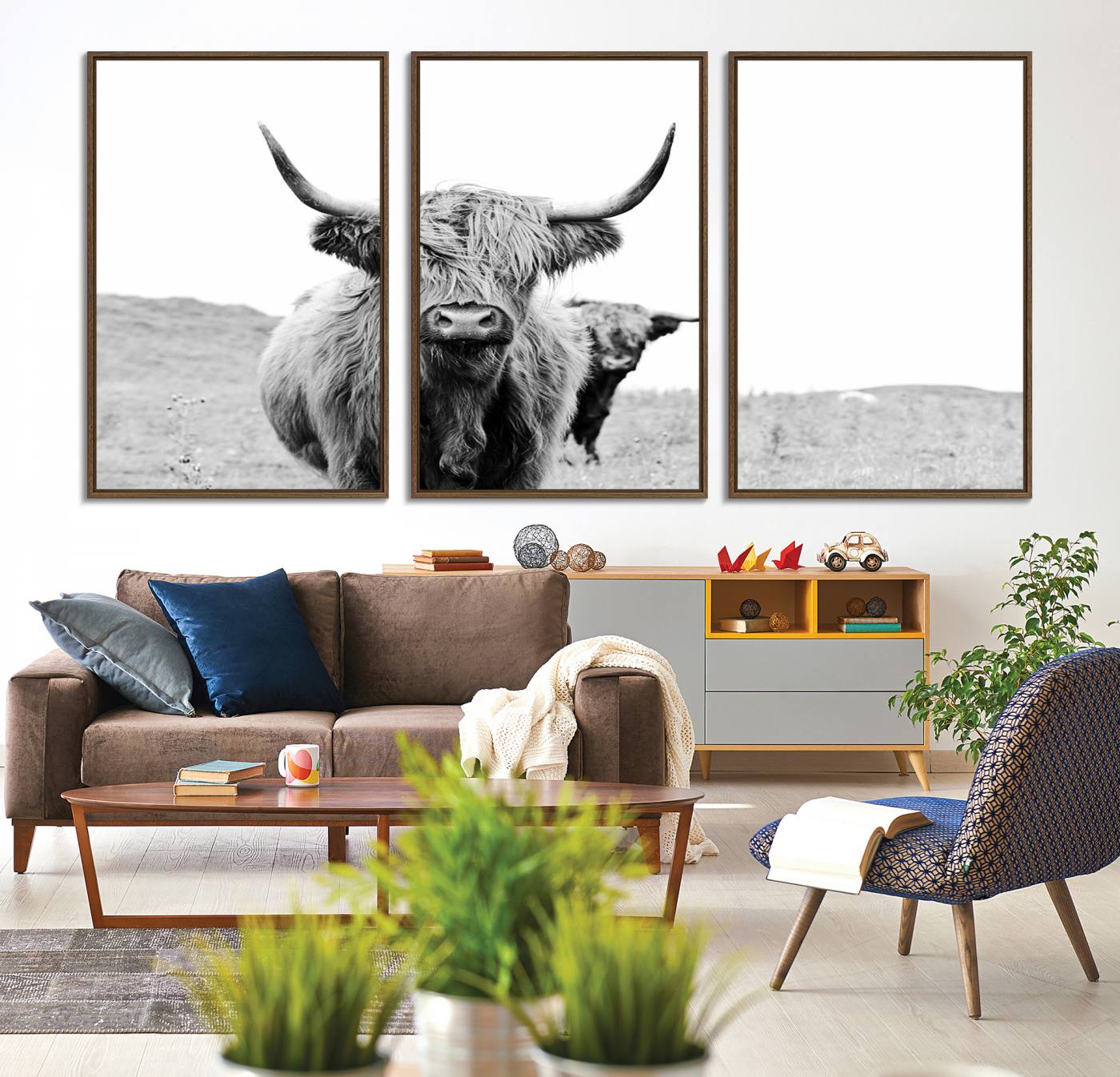 57411-MGV-CV-36X24-Beautiful Highland Cow Canvas Wall Art, Framed Highland Cow Canvas Decor