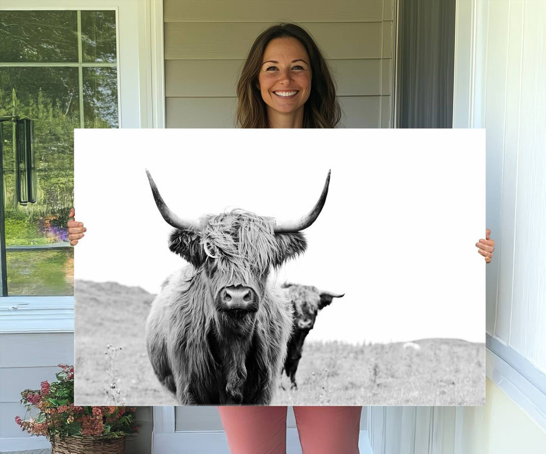 Beautiful Highland Cow Canvas Wall Art, Framed Highland Cow Canvas Decor