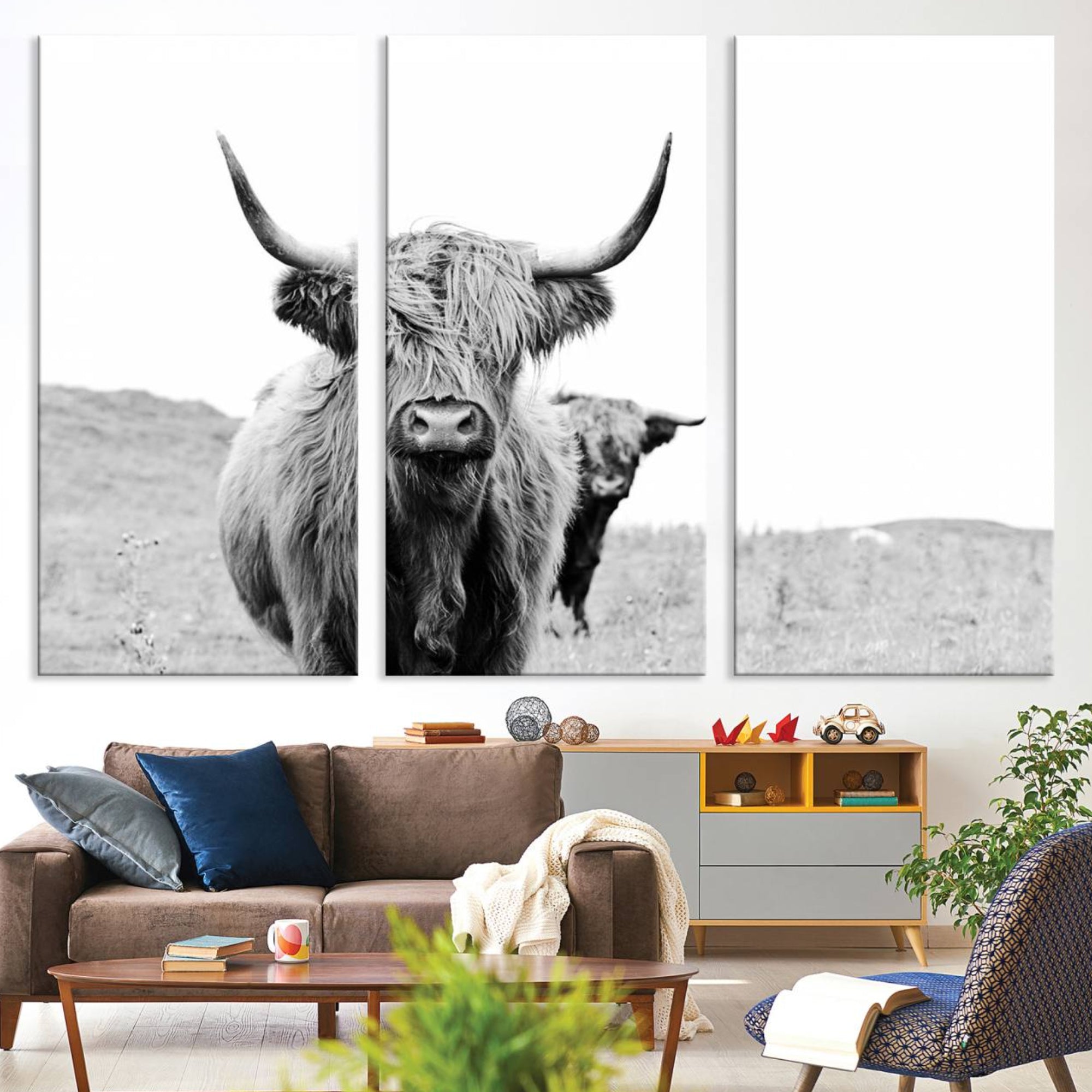 57411-MGV-CV-36X24-Beautiful Highland Cow Canvas Wall Art, Framed Highland Cow Canvas Decor