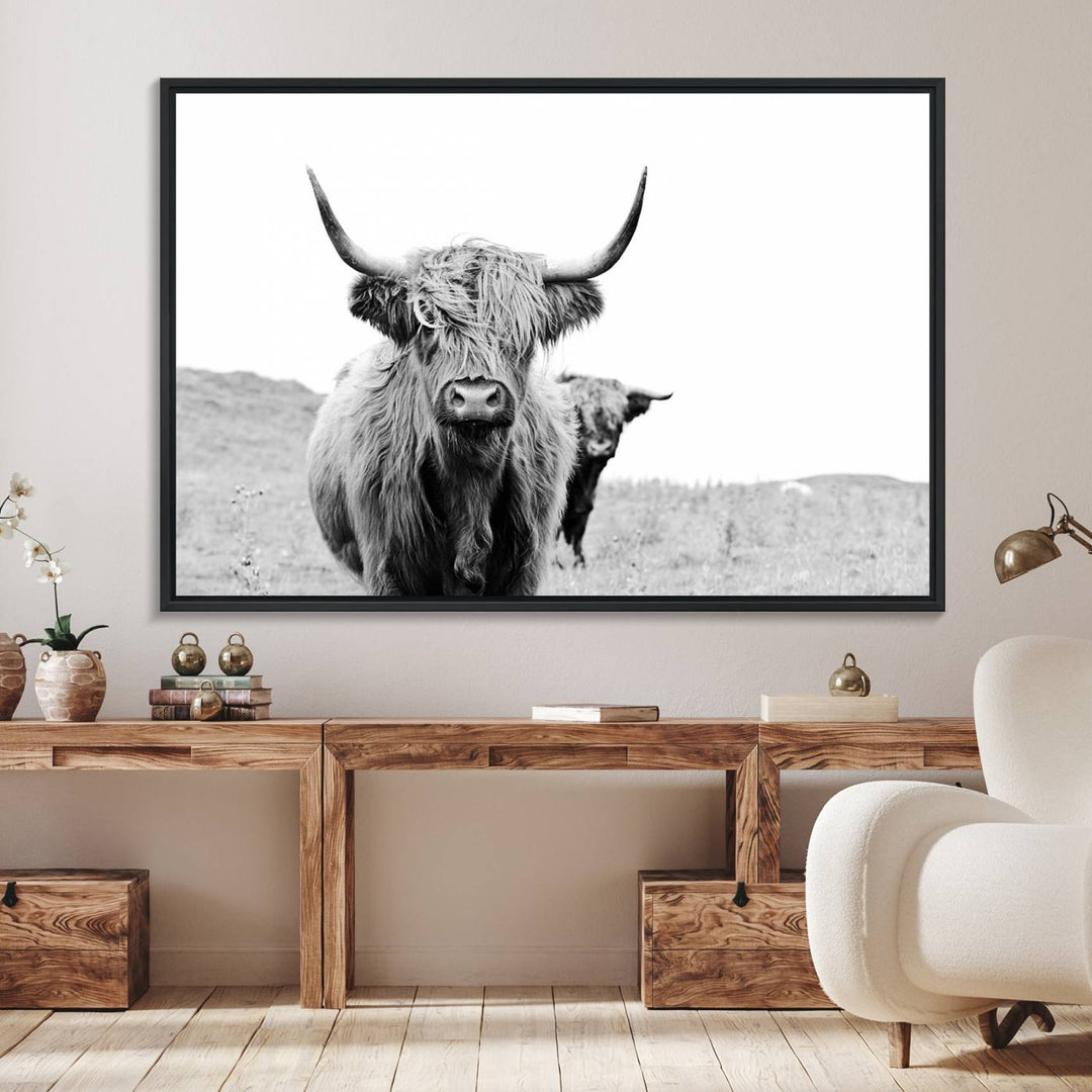 57411-MGV-FC-36X24_Black-Beautiful Highland Cow Canvas Wall Art, Framed Highland Cow Canvas Decor
