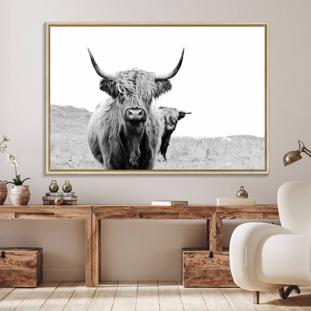 Beautiful Highland Cow Canvas Wall Art, Framed Highland Cow Canvas Decor