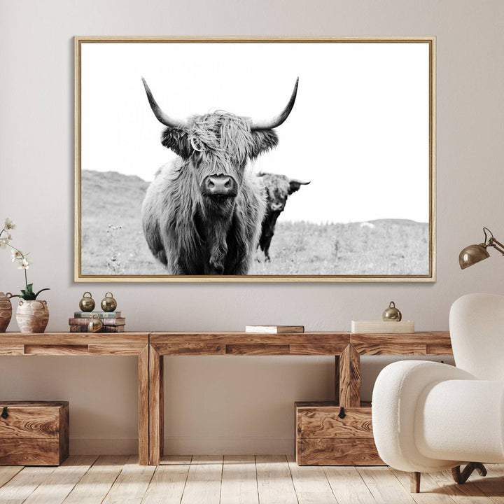 Beautiful Highland Cow Canvas Wall Art, Framed Highland Cow Canvas Decor