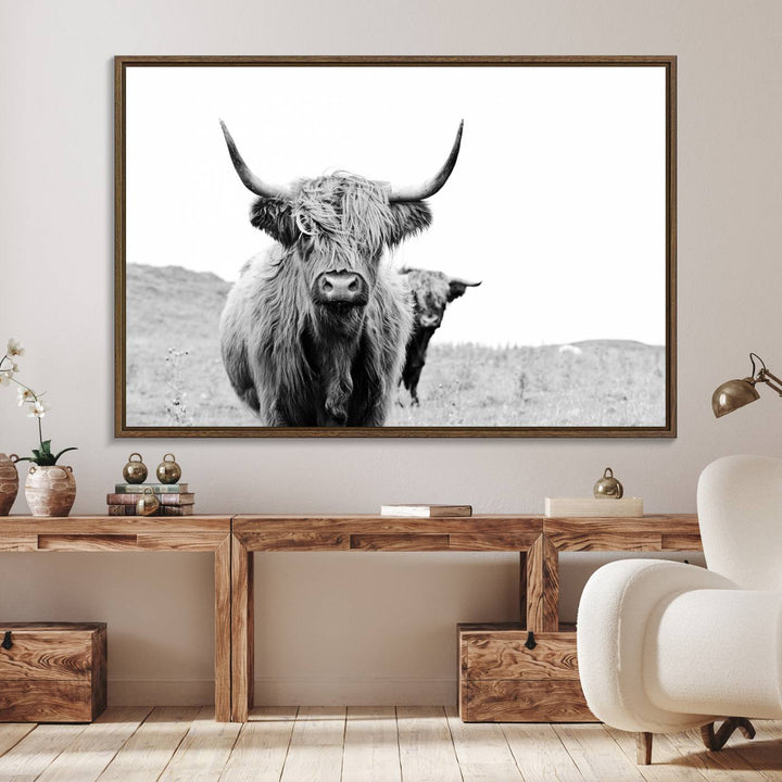 Beautiful Highland Cow Canvas Wall Art, Framed Highland Cow Canvas Decor