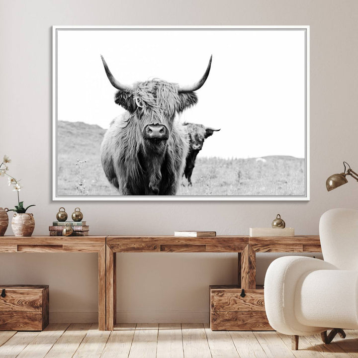 57411-MGV-FC-36X24_White-Beautiful Highland Cow Canvas Wall Art, Framed Highland Cow Canvas Decor