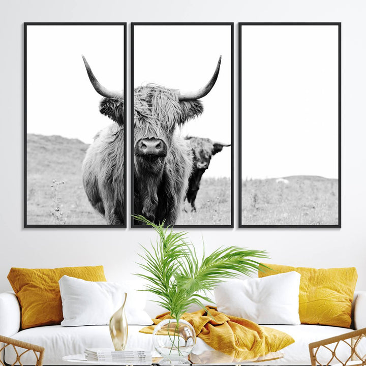 57411-MGV-FC-48X32-3P_Black-Beautiful Highland Cow Canvas Wall Art, Framed Highland Cow Canvas Decor