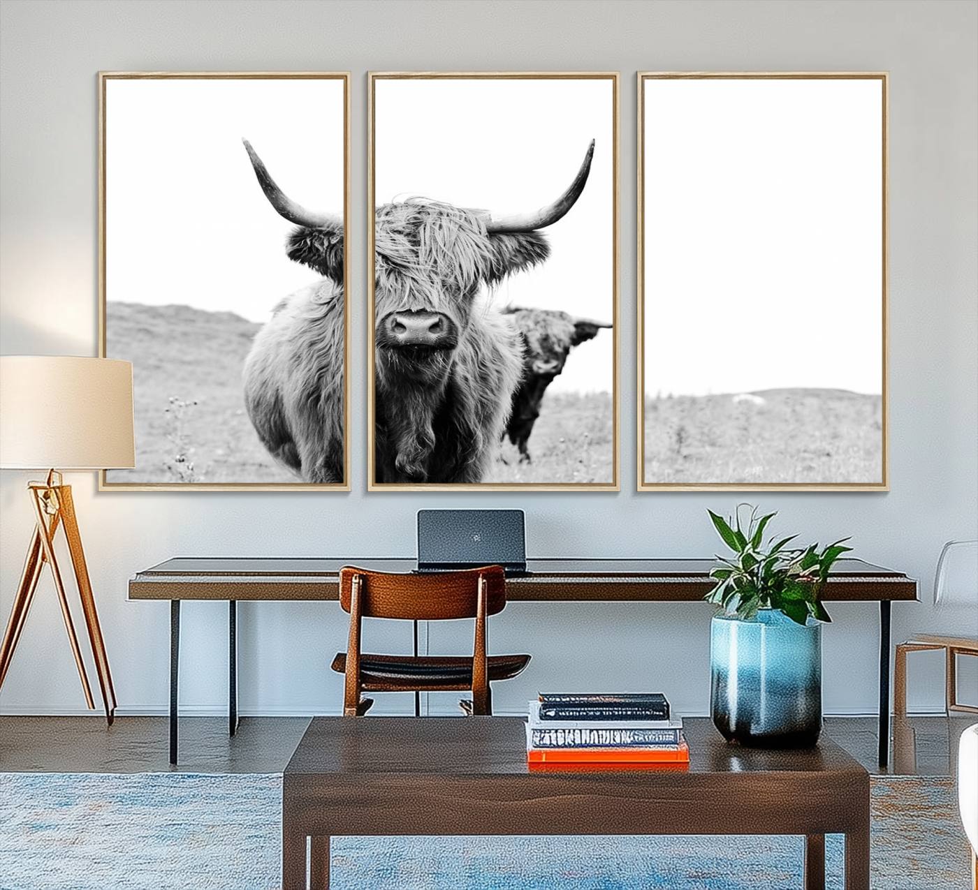 57411-MGV-FC-48X32-3P_Natural-Beautiful Highland Cow Canvas Wall Art, Framed Highland Cow Canvas Decor