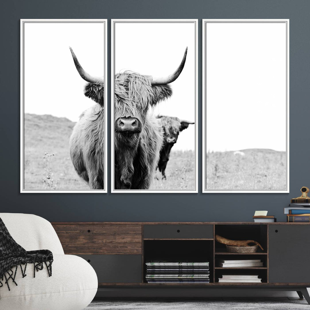 57411-MGV-FC-48X32-3P_White-Beautiful Highland Cow Canvas Wall Art, Framed Highland Cow Canvas Decor