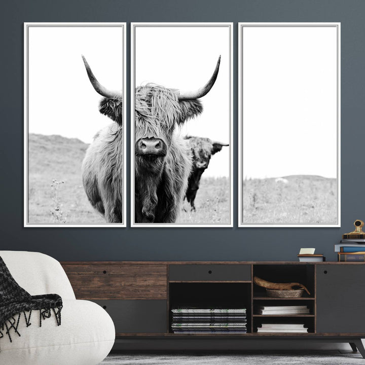 57411-MGV-FC-48X32-3P_White-Beautiful Highland Cow Canvas Wall Art, Framed Highland Cow Canvas Decor