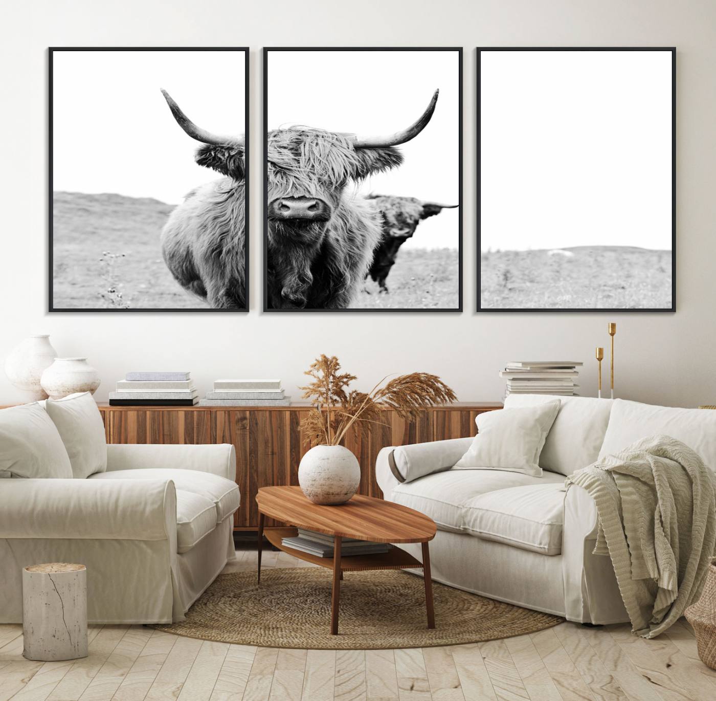 57411-MGV-FC-60X30-3P_Black-Beautiful Highland Cow Canvas Wall Art, Framed Highland Cow Canvas Decor