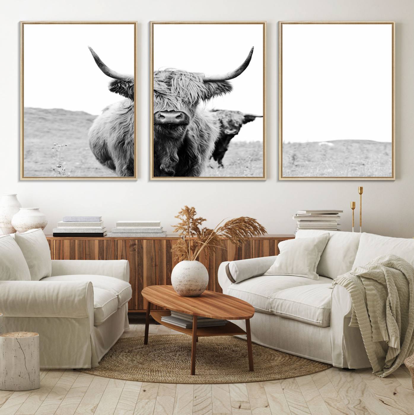 57411-MGV-FC-60X30-3P_Natural-Beautiful Highland Cow Canvas Wall Art, Framed Highland Cow Canvas Decor