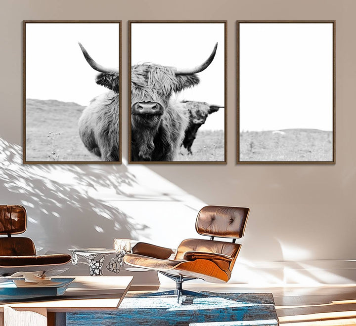 57411-MGV-FC-60X30-3P_Walnut-Beautiful Highland Cow Canvas Wall Art, Framed Highland Cow Canvas Decor