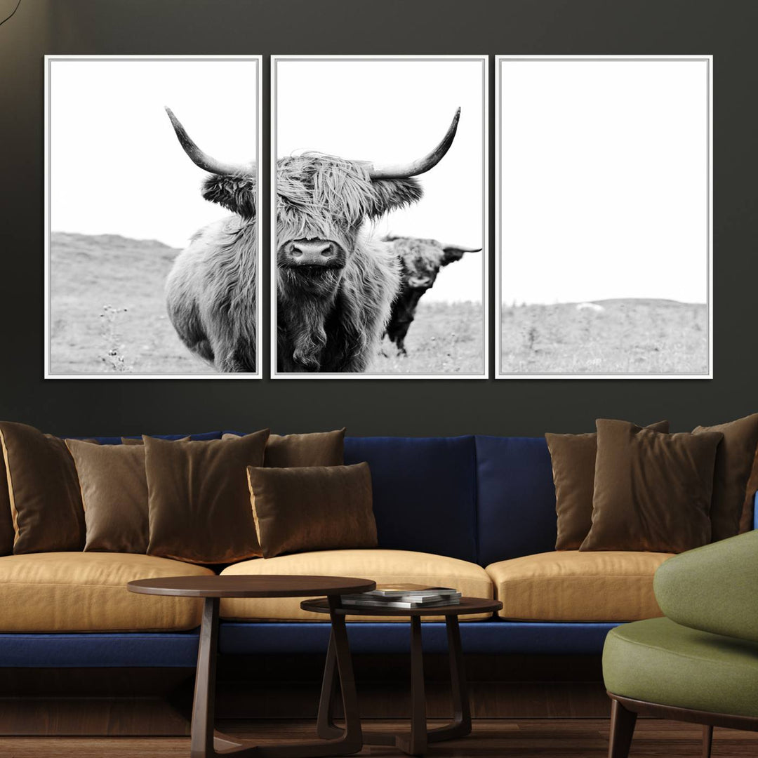 57411-MGV-FC-60X30-3P_White-Beautiful Highland Cow Canvas Wall Art, Framed Highland Cow Canvas Decor
