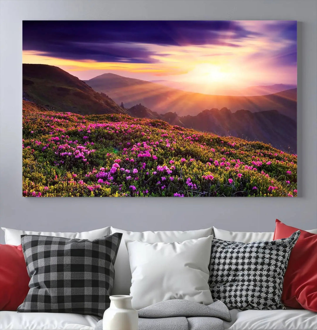 Beautiful Mountain Sunset Landscape with Purple Flowers Canvas Wall Art Print 