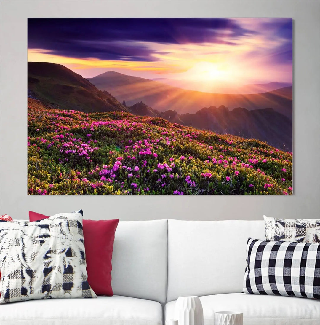 Beautiful Mountain Sunset Landscape with Purple Flowers Canvas Wall Art Print 