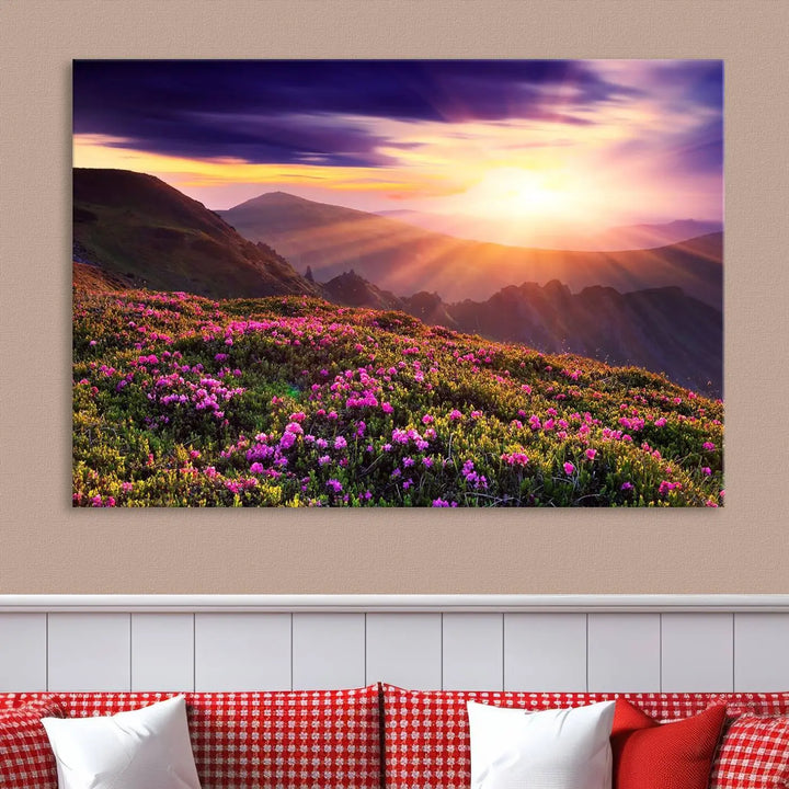 Beautiful Mountain Sunset Landscape with Purple Flowers Canvas Wall Art Print 