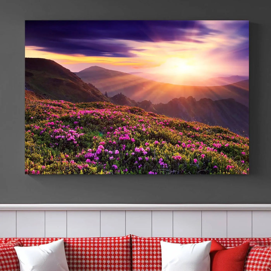 Beautiful Mountain Sunset Landscape with Purple Flowers Canvas Wall Art Print 