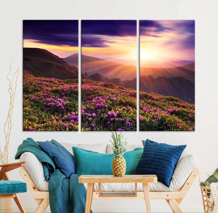 Beautiful Mountain Sunset Landscape with Purple Flowers Canvas Wall Art Print 