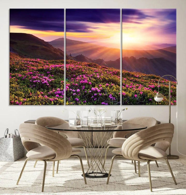 Beautiful Mountain Sunset Landscape with Purple Flowers Canvas Wall Art Print 