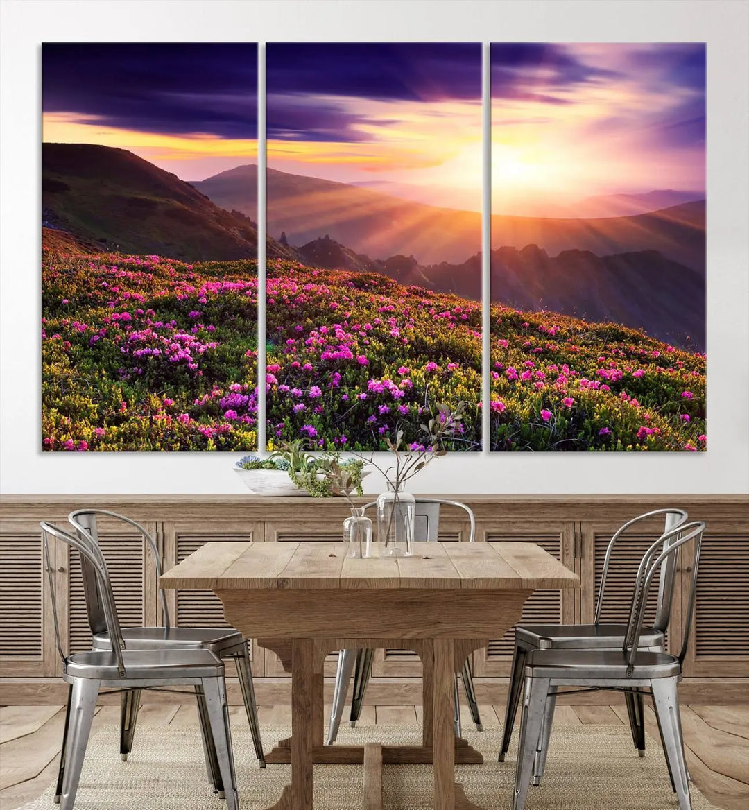 Beautiful Mountain Sunset Landscape with Purple Flowers Canvas Wall Art Print 