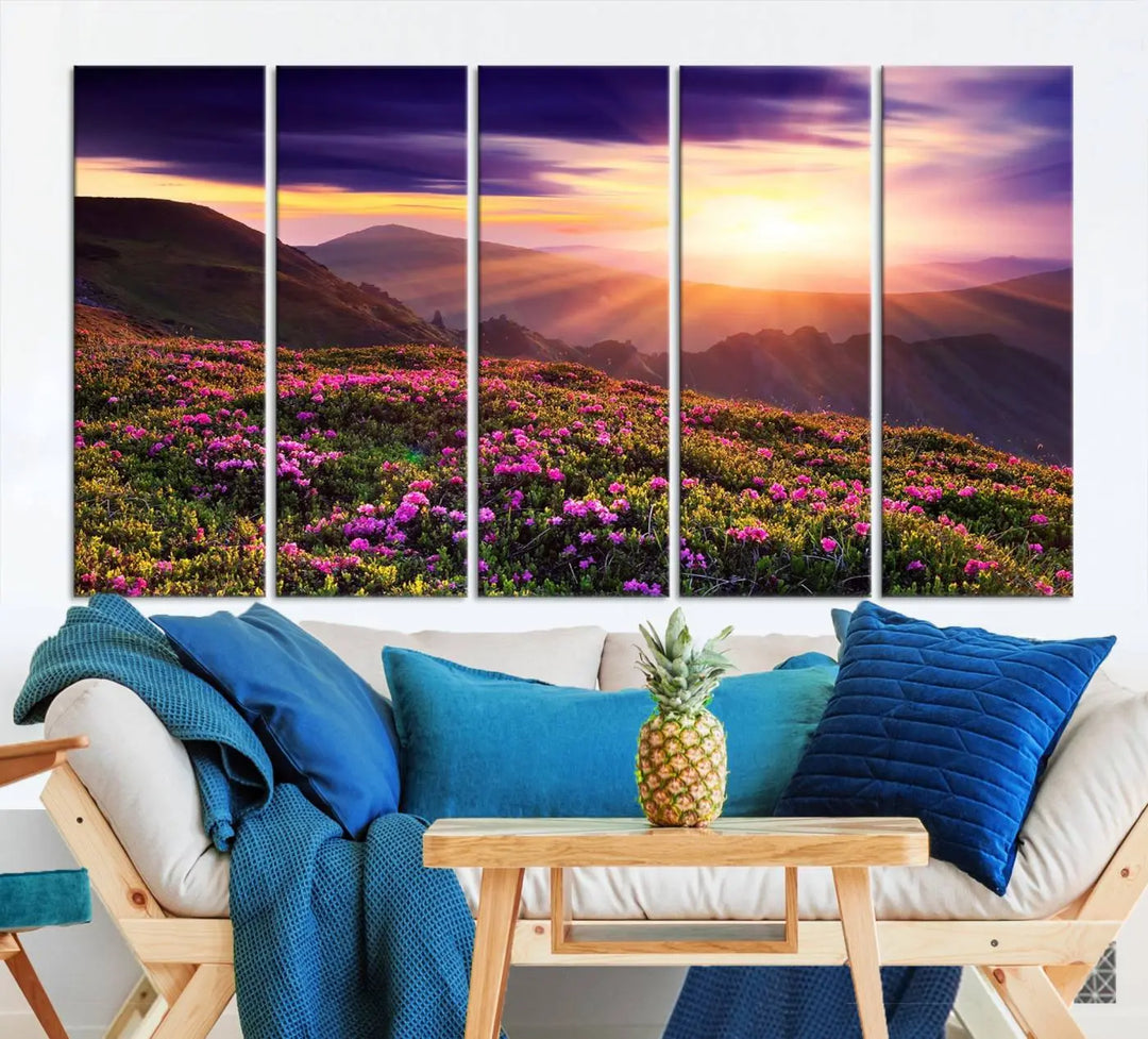 Beautiful Mountain Sunset Landscape with Purple Flowers Canvas Wall Art Print 