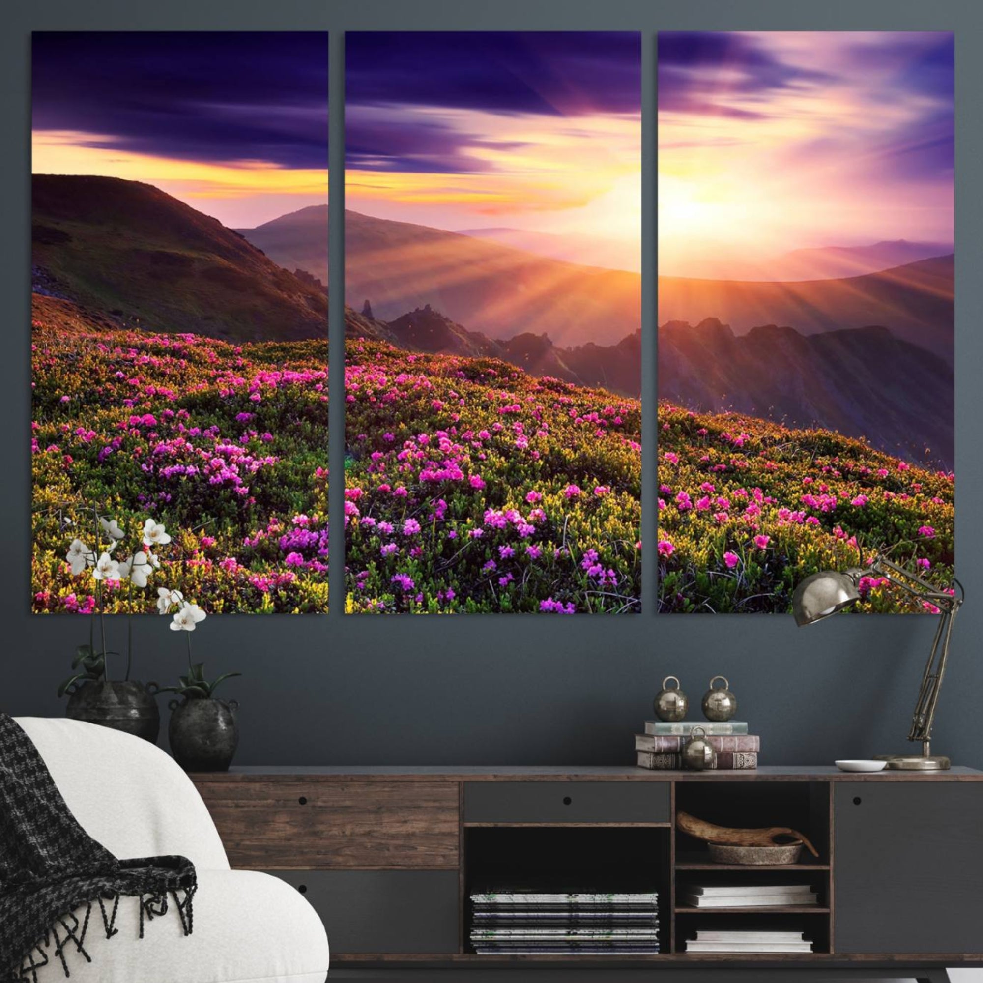 49741-MGV-CV-48X32-3P-Beautiful Mountain Sunset Landscape with Purple Flowers Canvas Wall Art Print