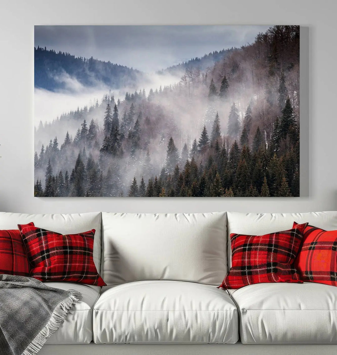 The "Beautiful Rising Fog in Winter Mountain Landscape" wall art is presented on museum-quality canvas, adding a striking visual element to the living room.