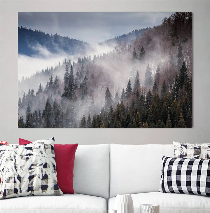 The "Beautiful Rising Fog in Winter Mountain Landscape" wall art is presented on museum-quality canvas, adding a striking visual element to the living room.